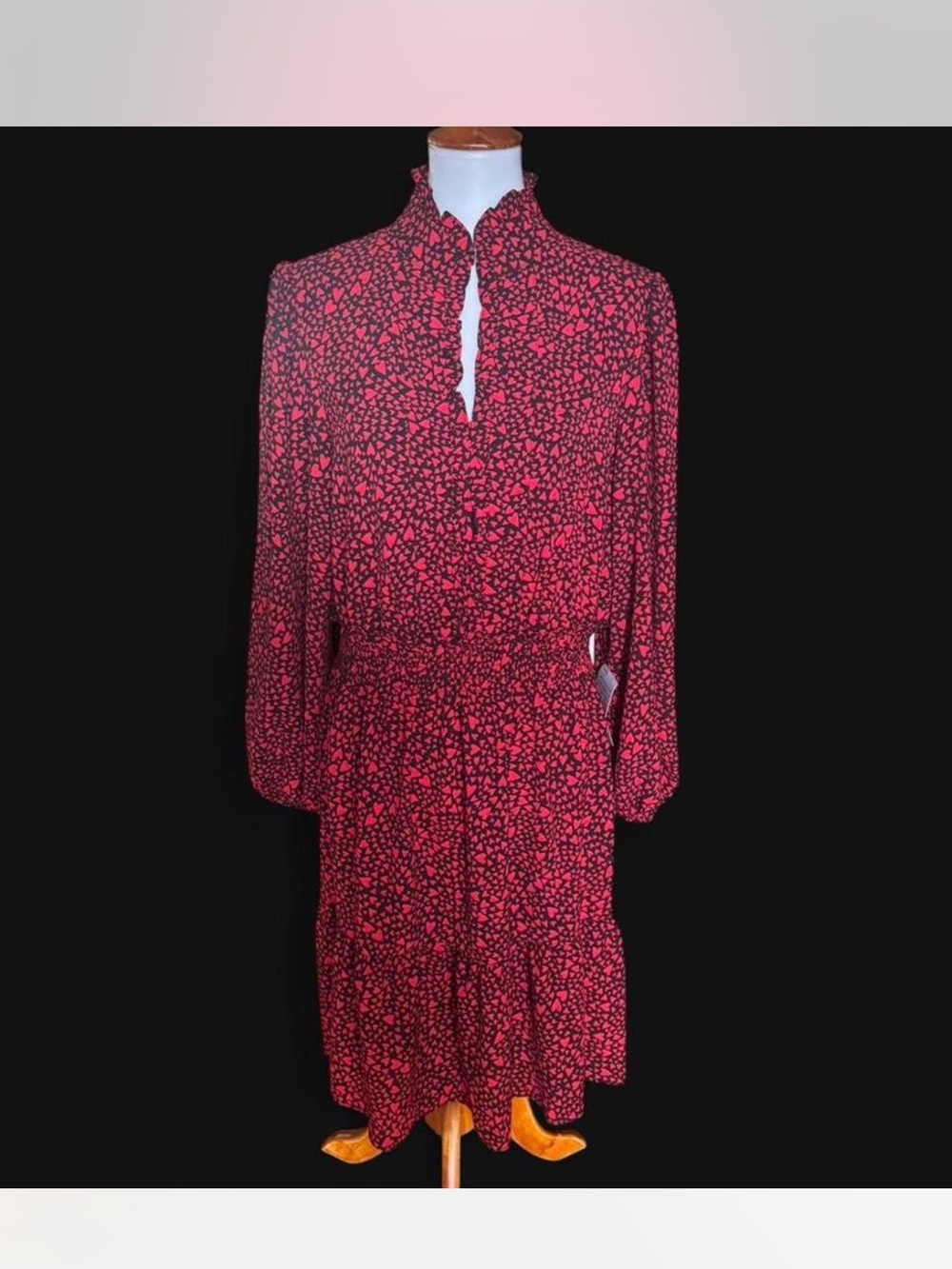 NWT Red Hot Collared Midi Dress w/ Black Heart Print & Cinched Waist